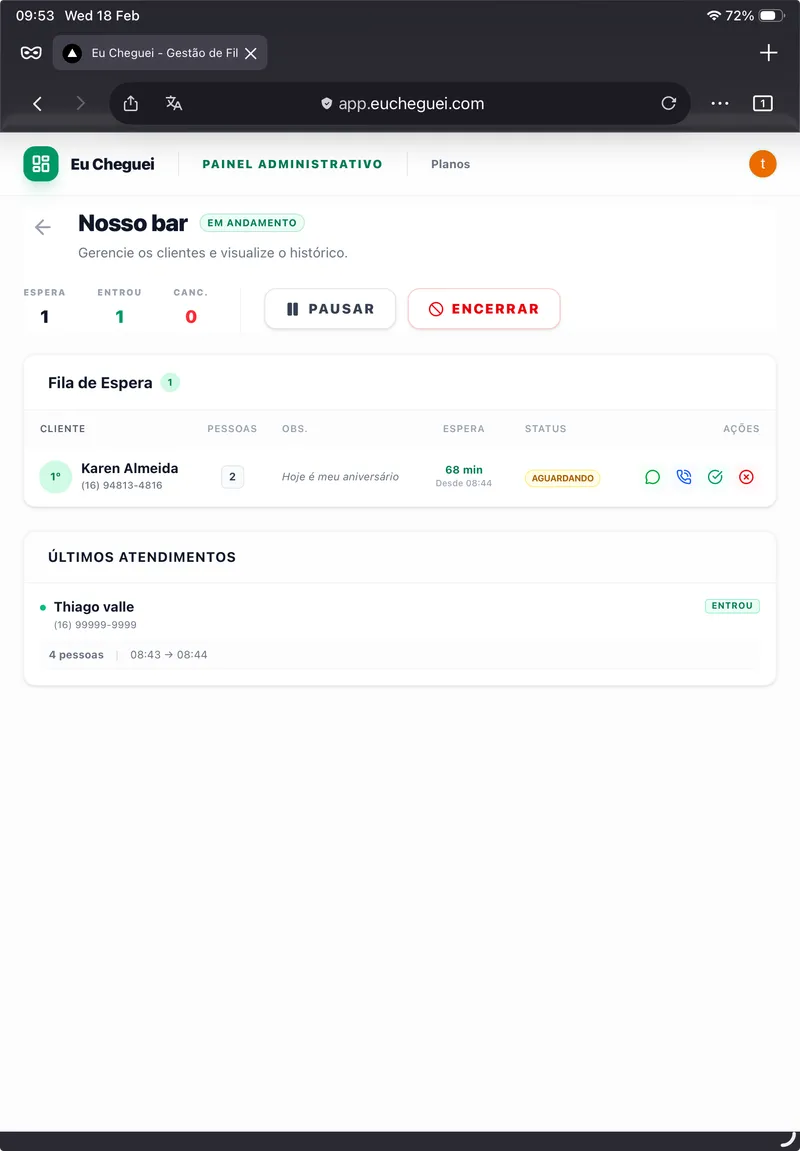 Dashboard da hostess no iPad