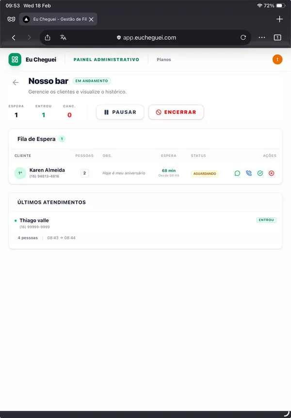 Painel administrativo no iPad